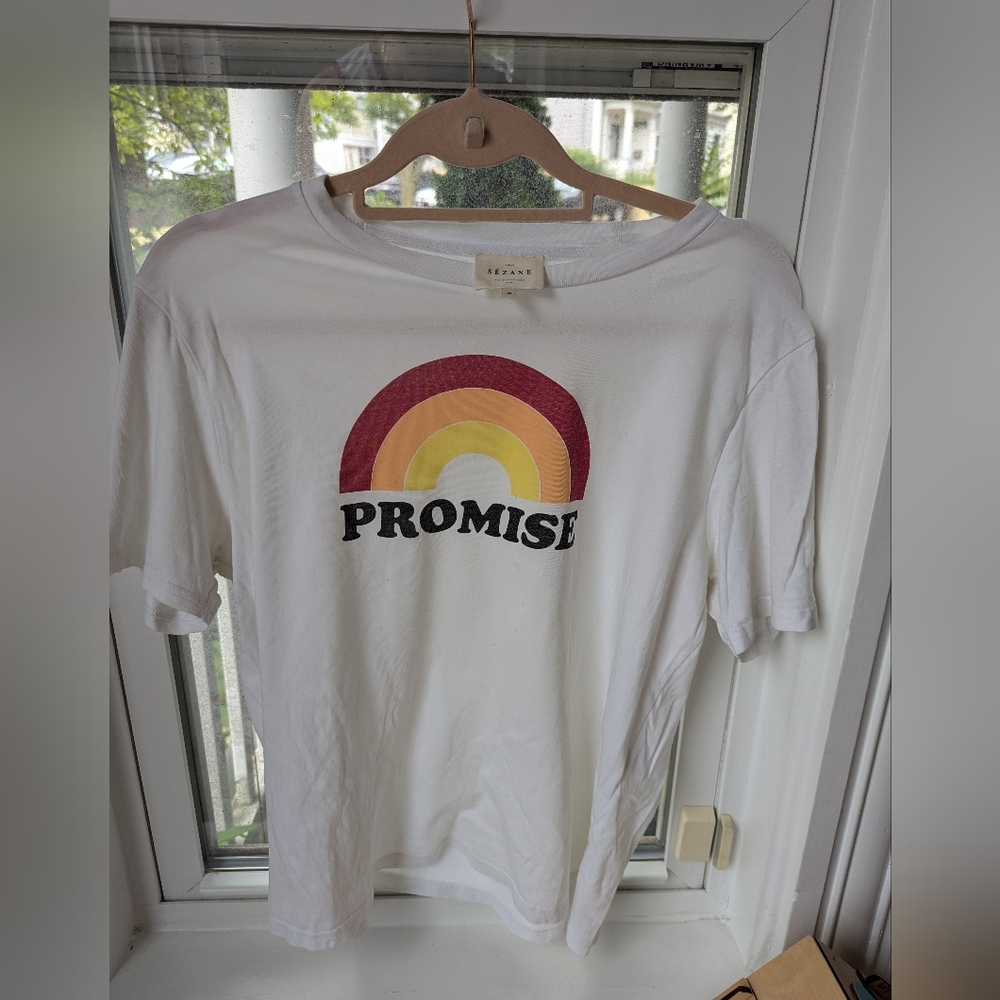 Sezane White Tee with Rainbow Design